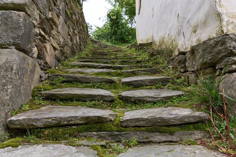 Moss-covered stone staircase climbing steeply between stone walls in a rural setting