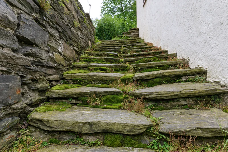 Moss-covered stone staircase climbing steeply between a stone wall and a white building in a rural setting