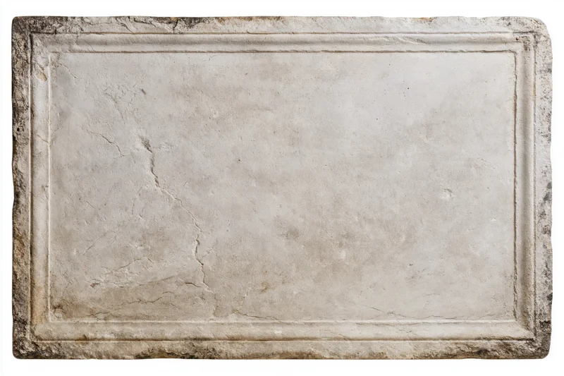 Ancient rectangular stone plaque with raised border frame, weathered surface showing cracks and erosion, isolated on white