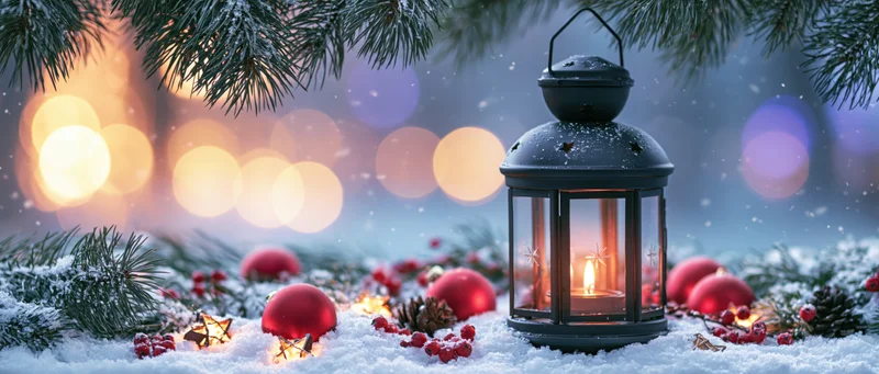 Black metal lantern with glowing candle on snowy ground surrounded by pine branches and red ornaments