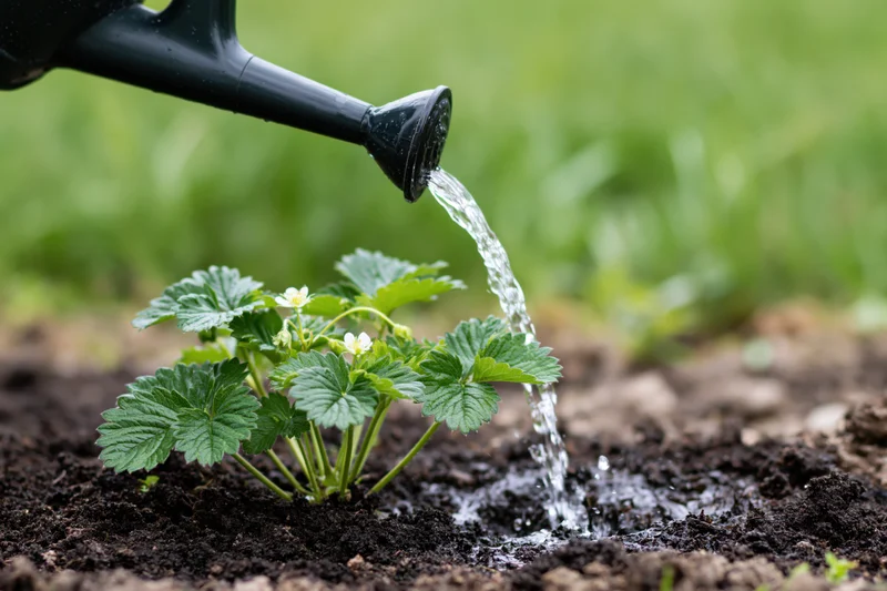 Strawberry plant being watered with a black can in a garden bed