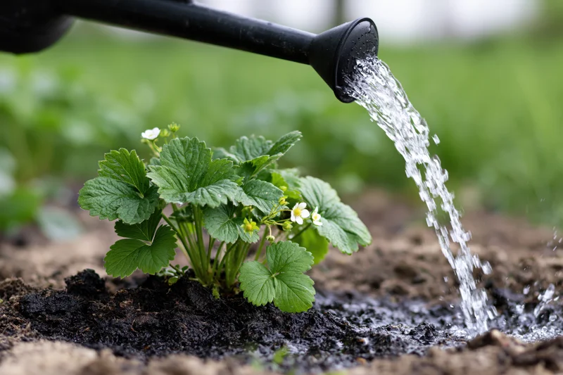 Water pouring from a black plastic watering can onto a strawberry plant in soil