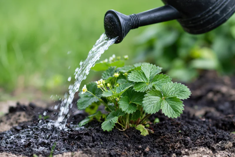Water pouring from a black plastic watering can onto a strawberry plant in garden soil