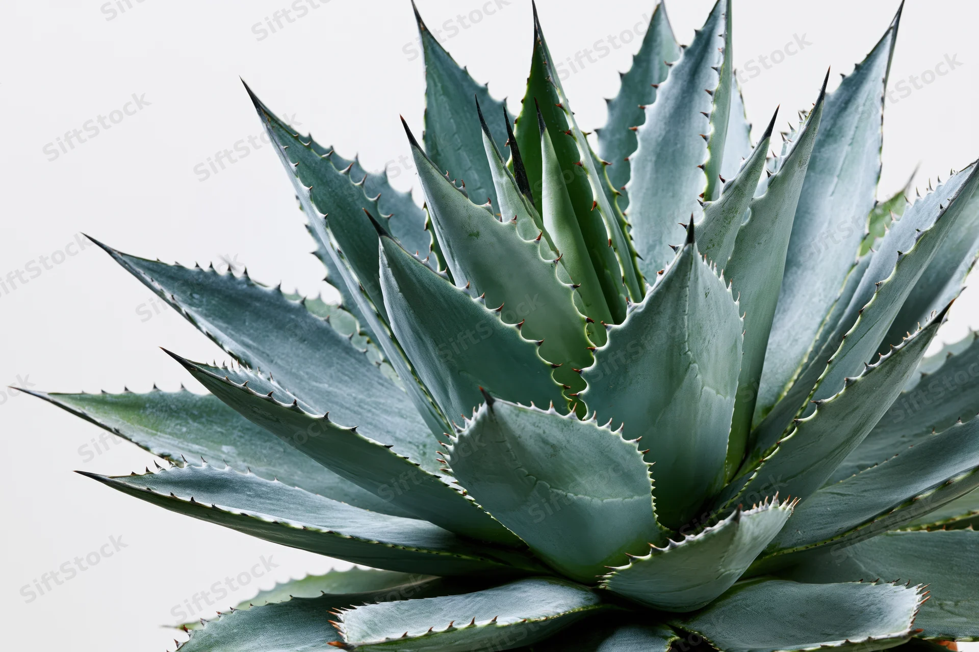 Closeup of blue agave plant with spiky leaves against white background