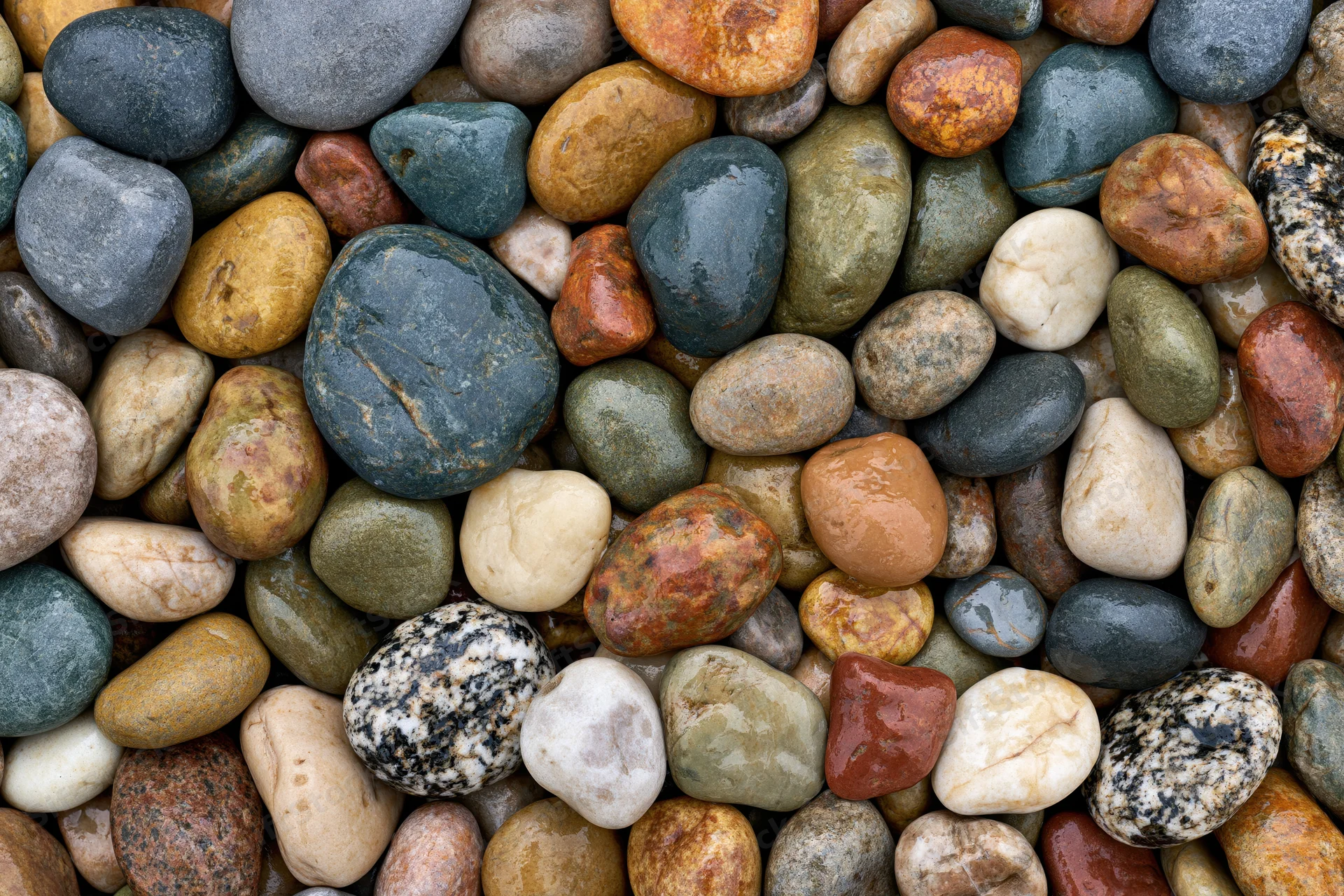 Close-up flat lay of wet river pebbles covering the entire frame