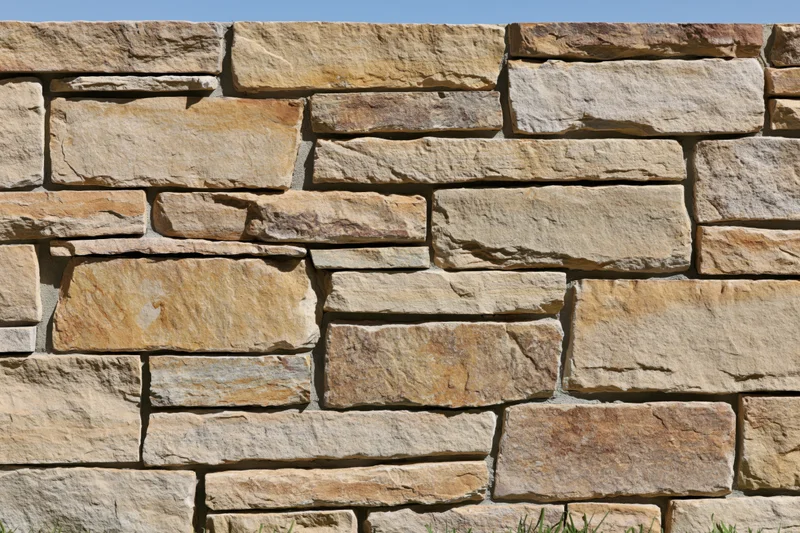 Dry-stacked sandstone wall forming a retaining structure in a garden setting
