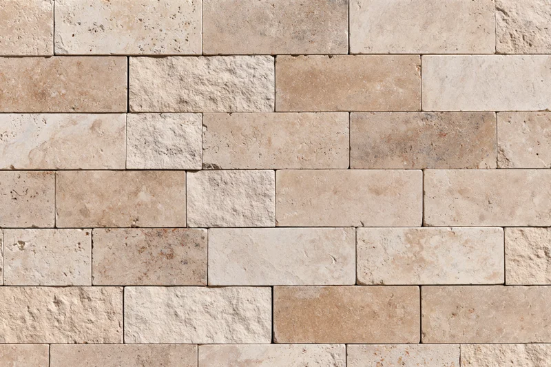 Close-up of travertine stone tiles arranged in a rectangular pattern on a wall