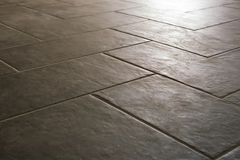 Close-up of herringbone-patterned stone tiles on a floor in an interior space