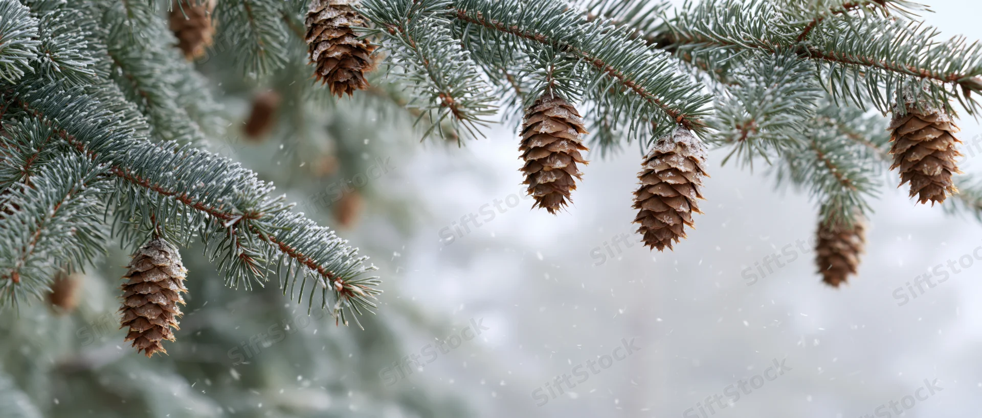 Frost-dusted spruce branches with hanging pinecones in falling snow