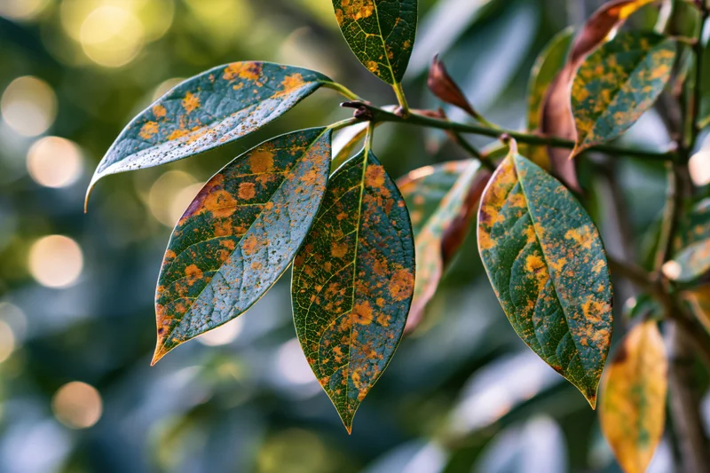 Close-up of plant leaves showing rust fungus disease with orange and brown spots on green foliage in natural outdoor setting