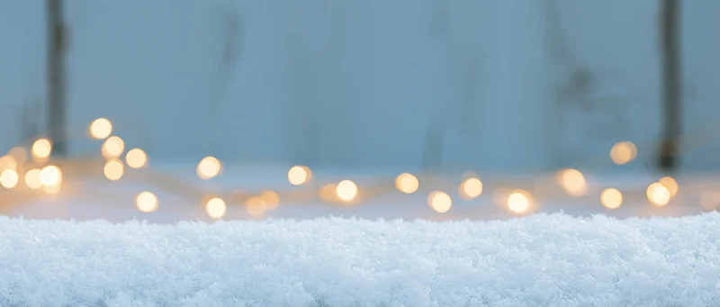 Fresh snow surface with glowing string lights in a winter forest setting