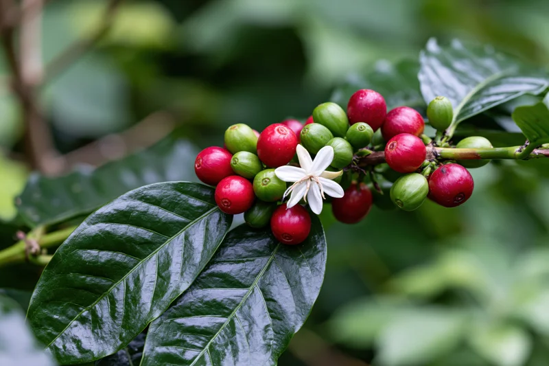 Coffee plant branch with red and green cherries and a white flower among dark green leaves