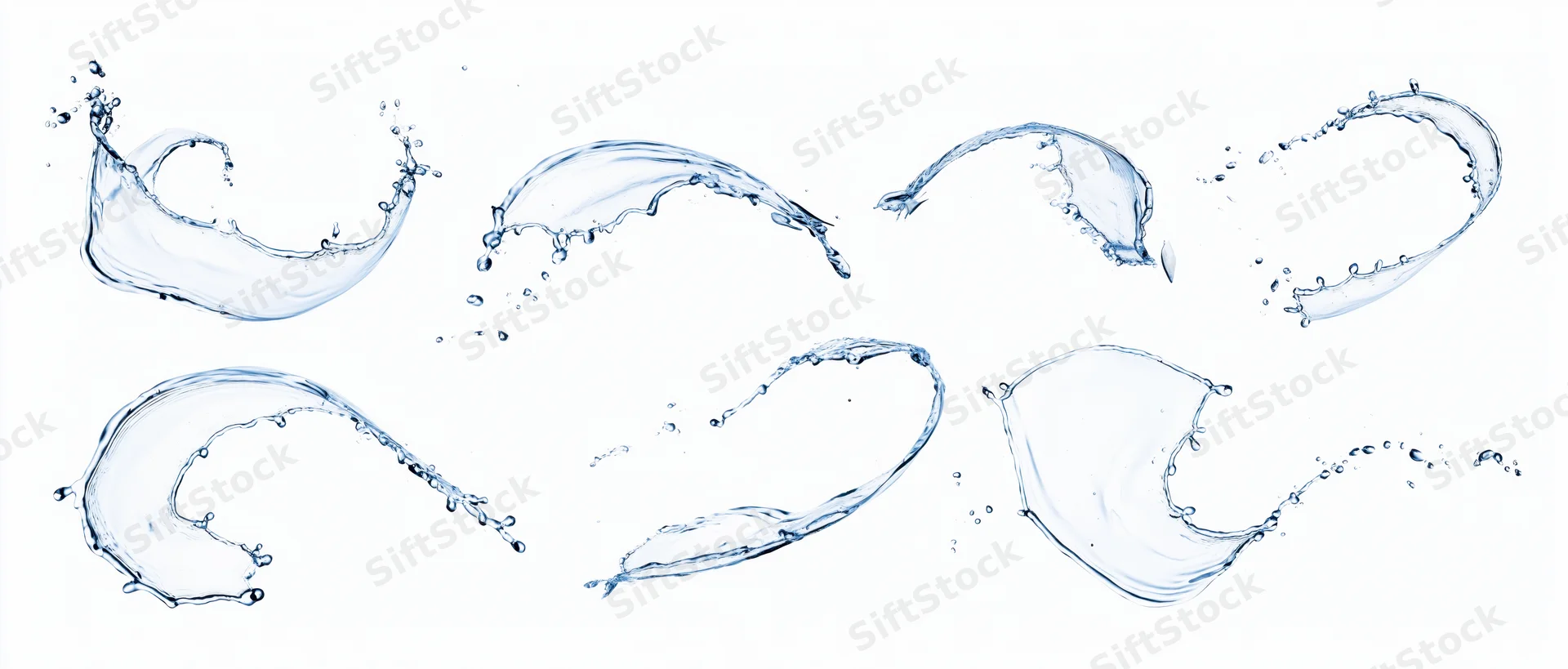 Multiple water splashes in curved shapes arranged in a grid on white background