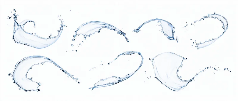 Multiple water splashes in curved shapes arranged in a grid on white background