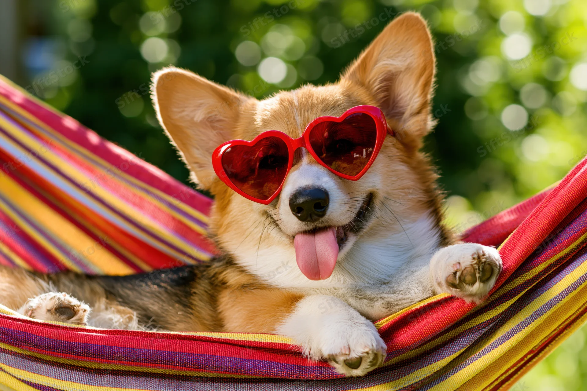 Corgi dog wearing red heart-shaped sunglasses lounging in a colorful striped hammock outdoors