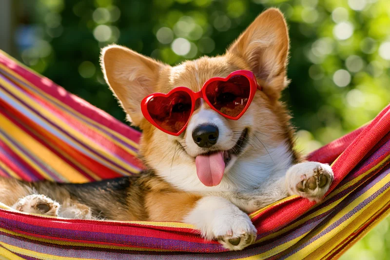 Corgi dog wearing red heart-shaped sunglasses lounging in a colorful striped hammock outdoors