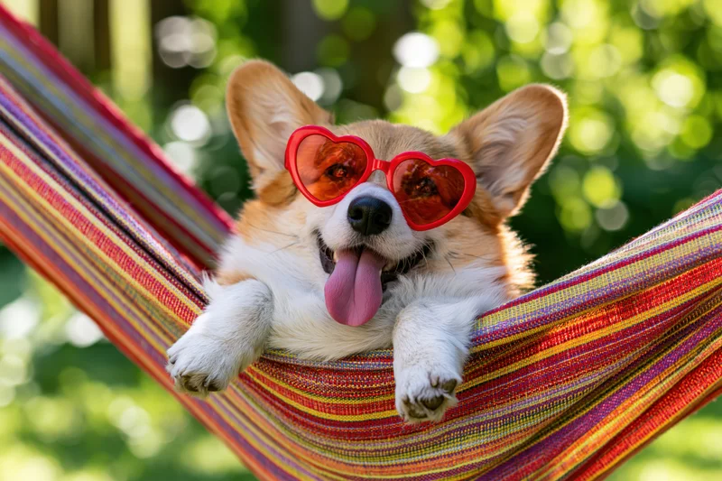 Corgi dog wearing heart-shaped sunglasses lying in a colorful striped hammock outdoors