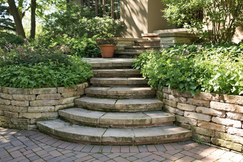 Curved stone staircase leading up to a garden patio surrounded by greenery and retaining walls