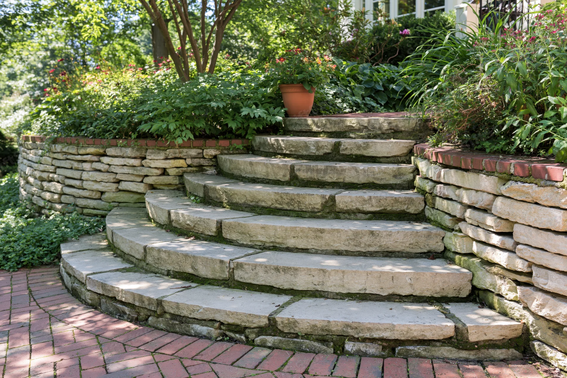 Curved stone staircase leading up through a lush garden bordered by retaining walls and greenery