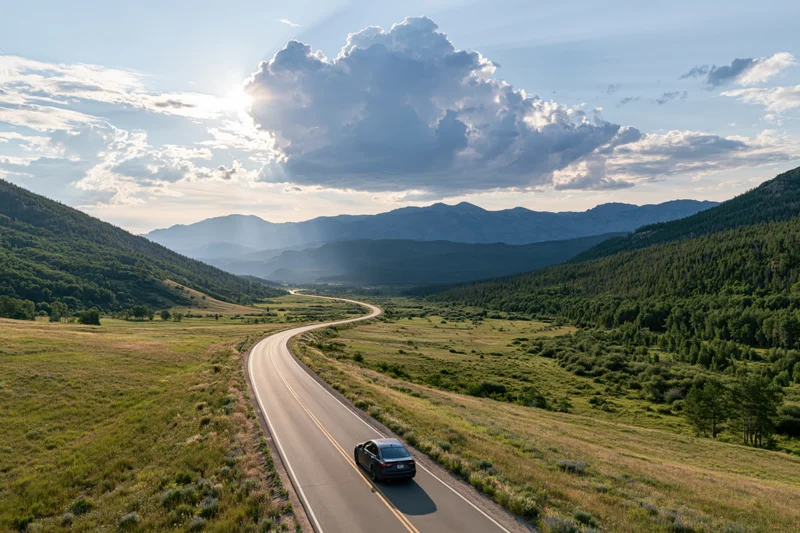 Dark sedan driving away on winding two-lane highway through mountain valley at sunset