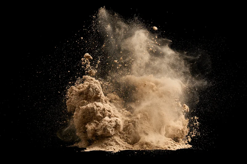 Sand exploding midair in a burst frozen at peak dispersal against black background