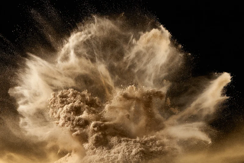 Explosion of dry sand suspended midair against black background