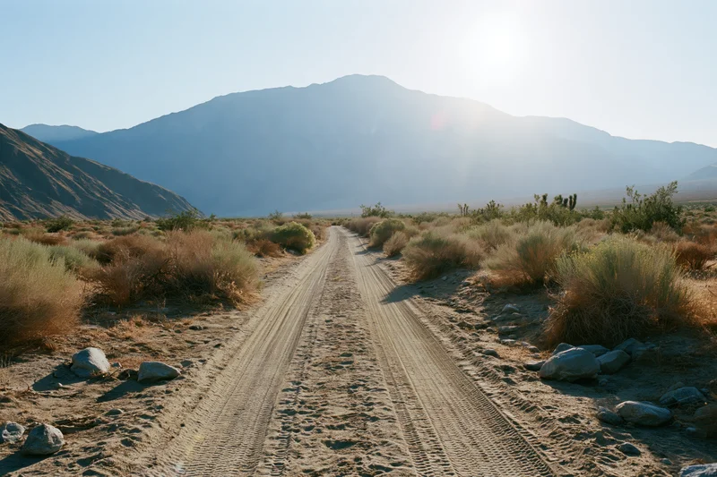 Dusty dirt road winding through arid desert scrubland with mountains in the distance