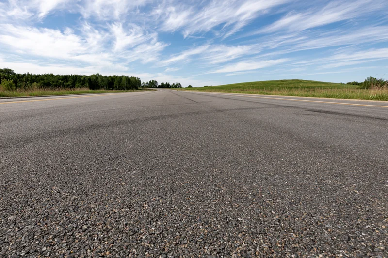 Low-angle view of empty asphalt highway stretching to horizon under blue sky with wispy clouds