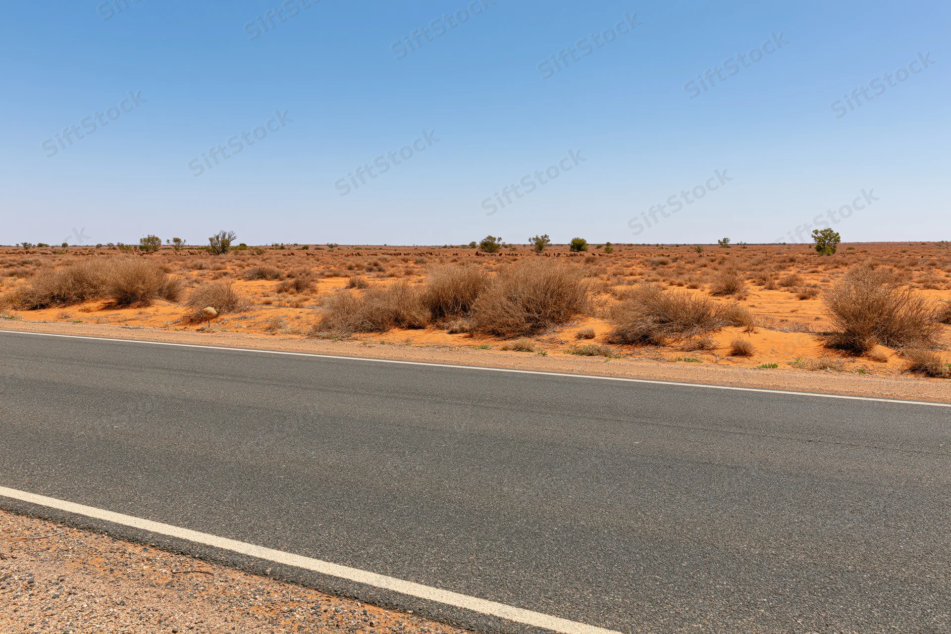 Asphalt road stretching across arid desert landscape under clear blue sky
