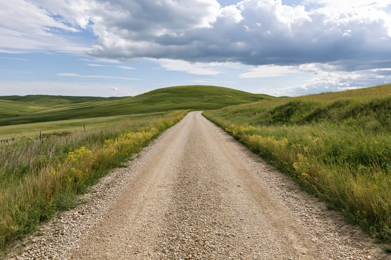 Gravel road stretching straight through green rolling hills under a cloudy sky