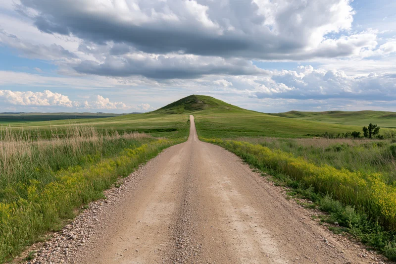 Gravel road stretching straight toward a rounded green hill in a vast prairie landscape