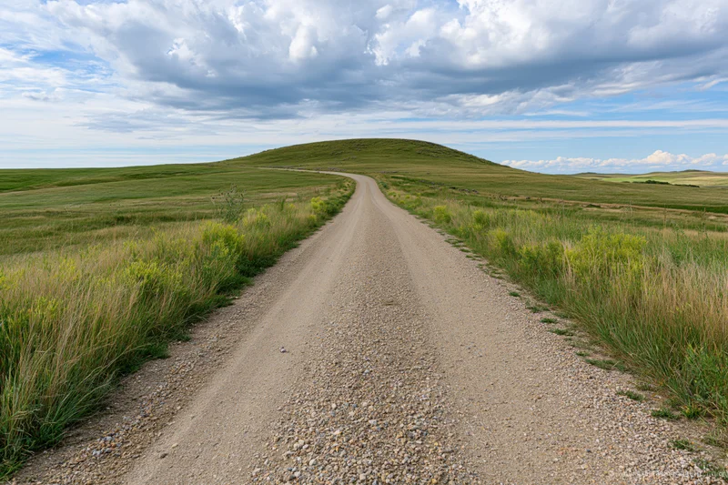 Gravel road winding through grassy prairie toward a rounded hill under a cloudy sky