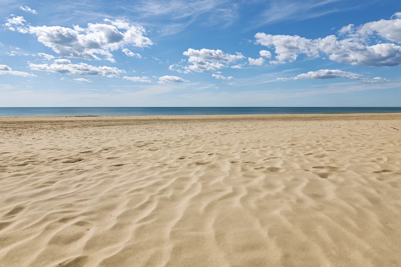 Empty sandy beach stretching toward calm ocean under blue sky with scattered clouds
