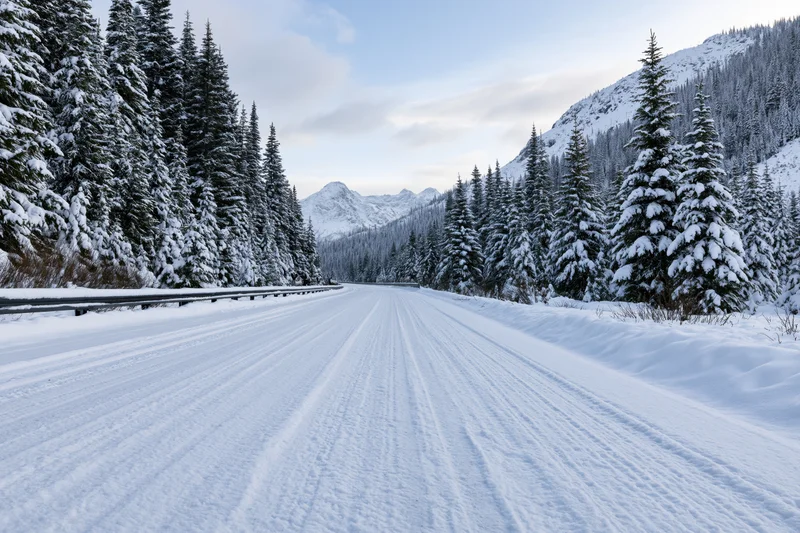 Snow-covered mountain road stretching through pine forest toward distant peaks