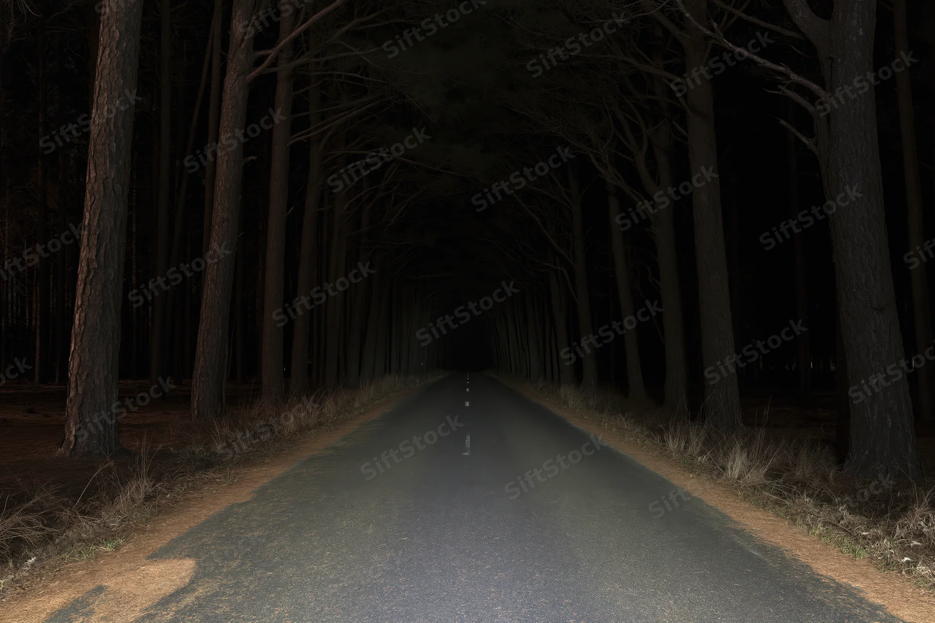 Straight asphalt road through dark forest tunnel at night