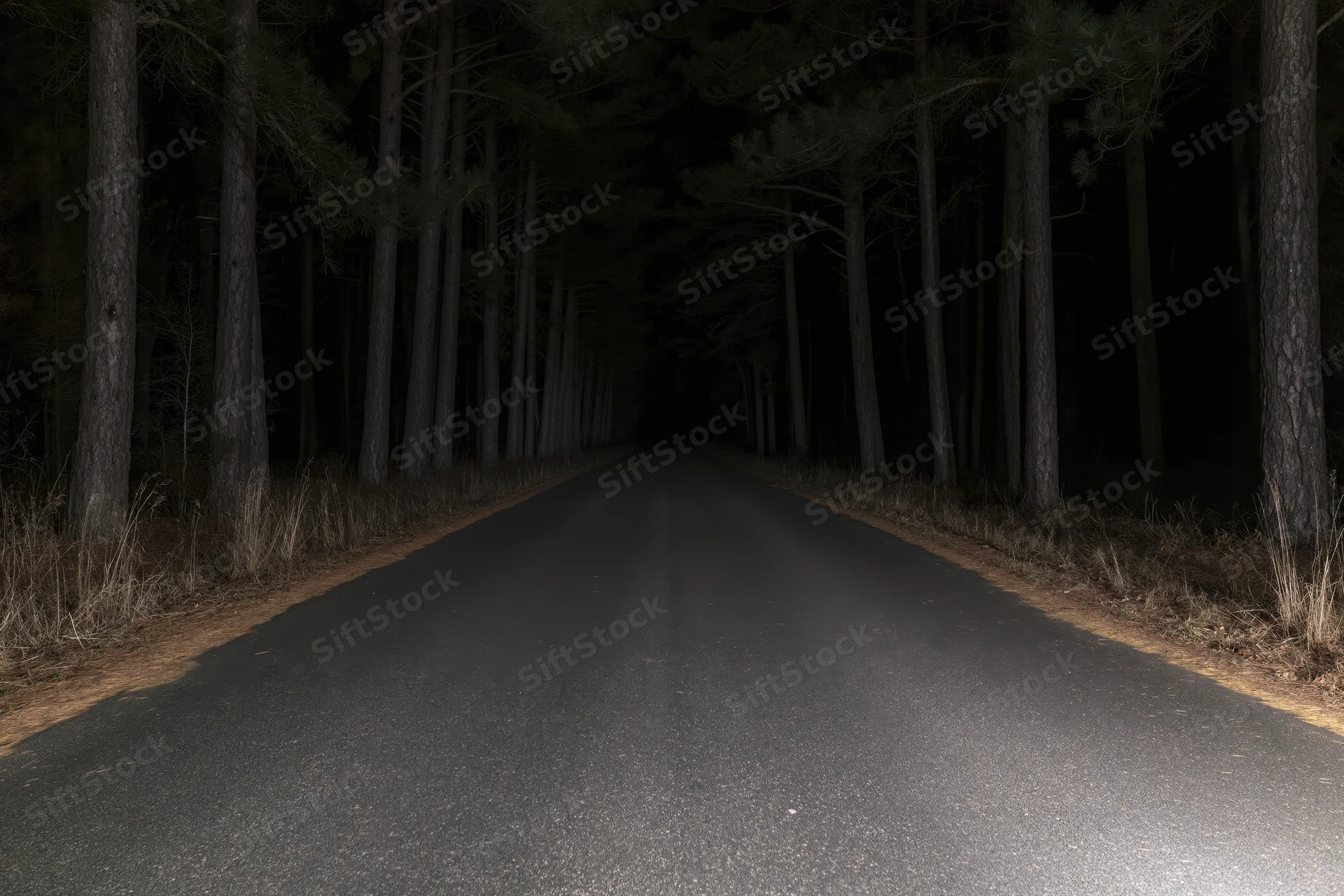 Straight asphalt road through dark forest at night