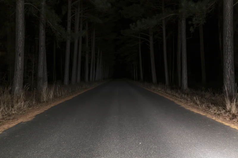 Straight asphalt road through dark forest at night