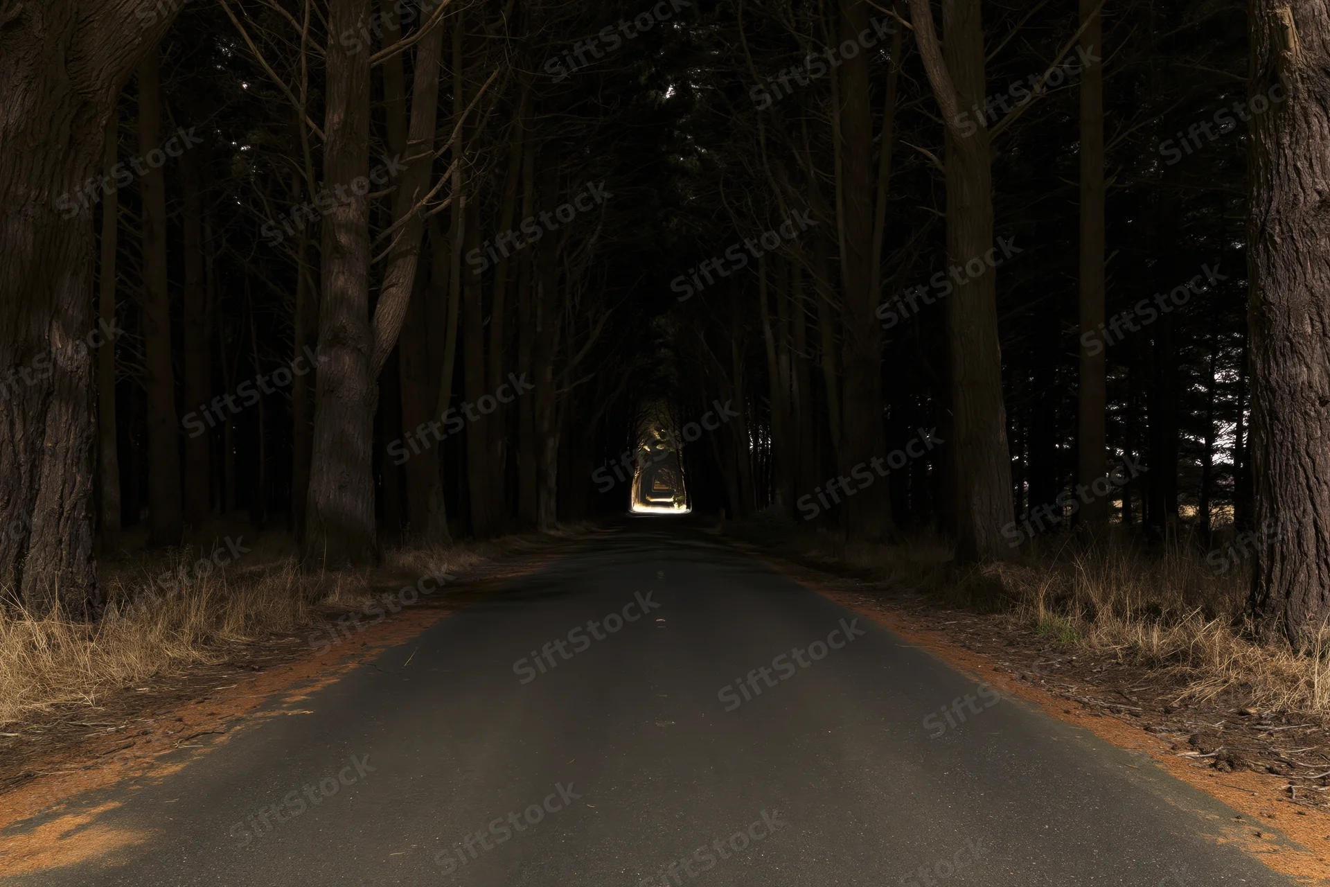 Straight asphalt road through dense forest tunnel leading to distant light