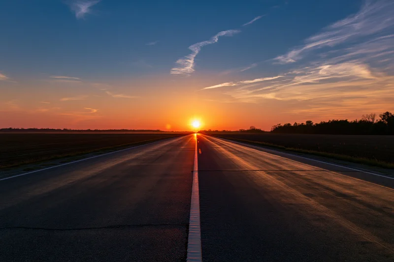 Straight asphalt road stretching to the horizon at sunset over rural fields