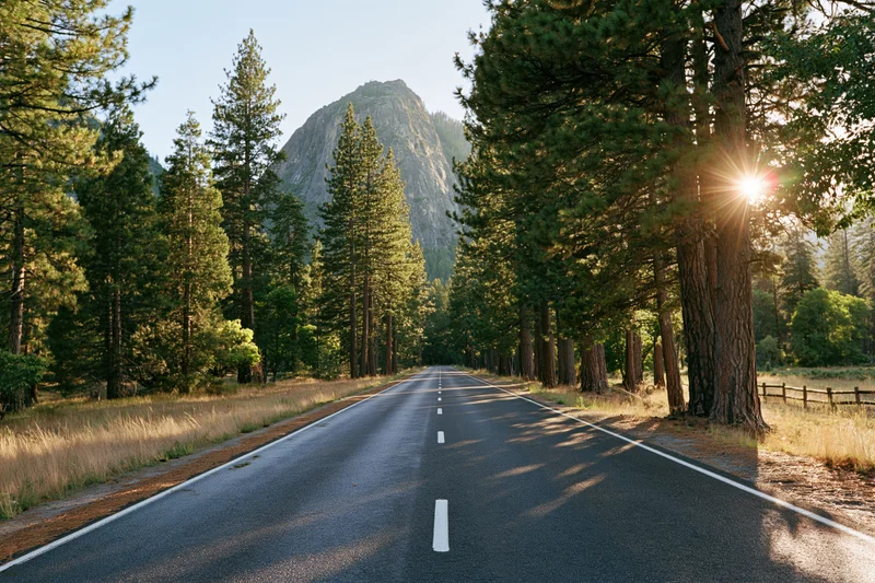 Straight asphalt road lined with pine trees leading toward a rock mountain in a forested valley