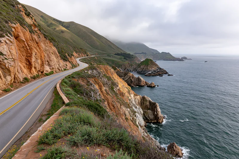 Winding coastal highway along steep cliff overlooking ocean under overcast sky