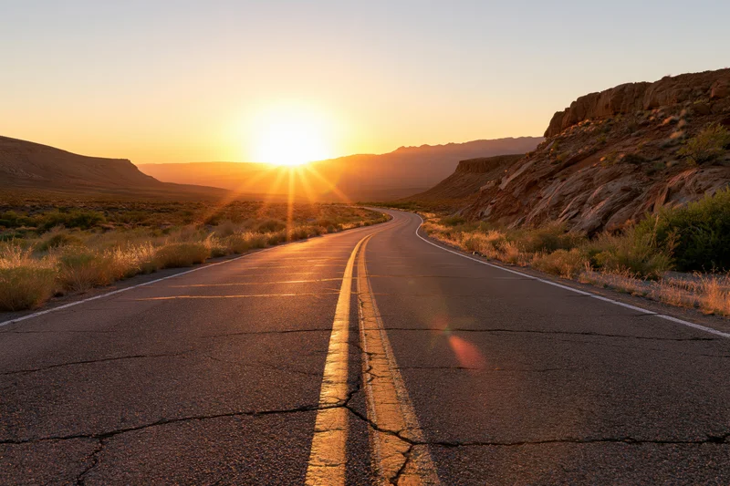 Winding two-lane highway through desert landscape at sunset