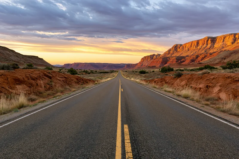 Straight two-lane highway stretching through red rock desert at sunset