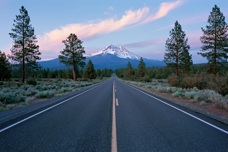Straight asphalt highway leading toward snow-capped volcano at twilight surrounded by pine trees and open landscape