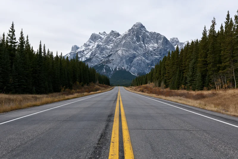 Straight asphalt highway lined with pine trees leading toward snow-dusted rocky mountains under overcast sky