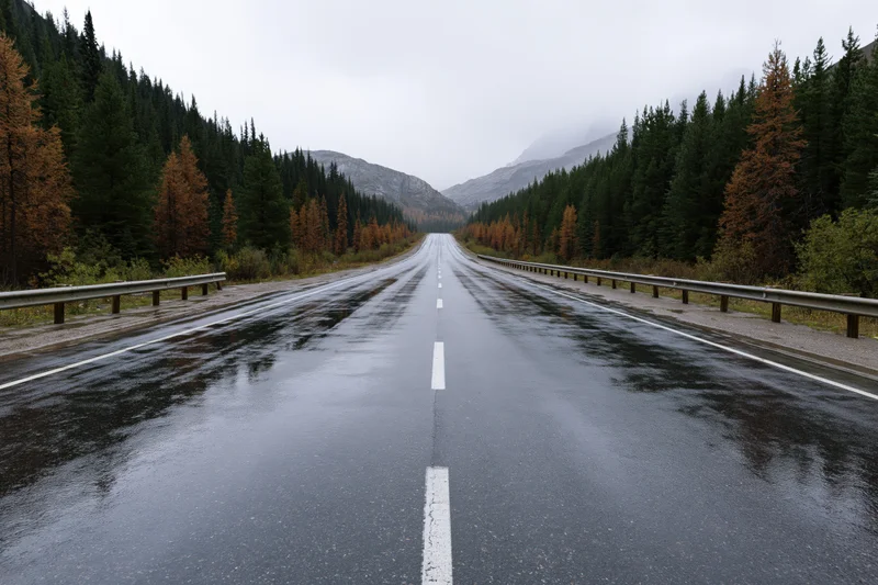 Wet two-lane mountain road stretching straight through forested valley under overcast sky