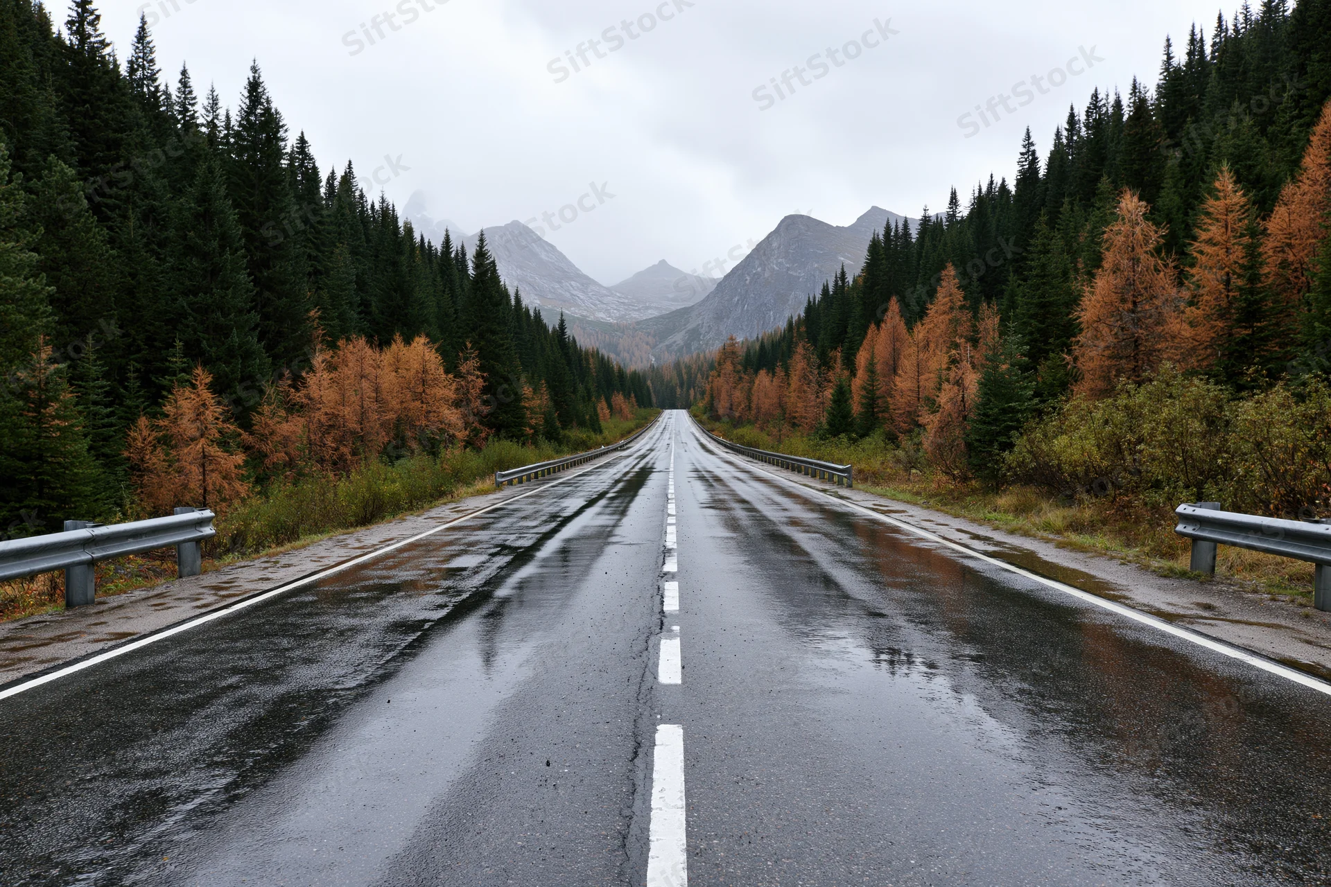 Wet two-lane mountain road stretching straight through autumn forest toward distant peaks