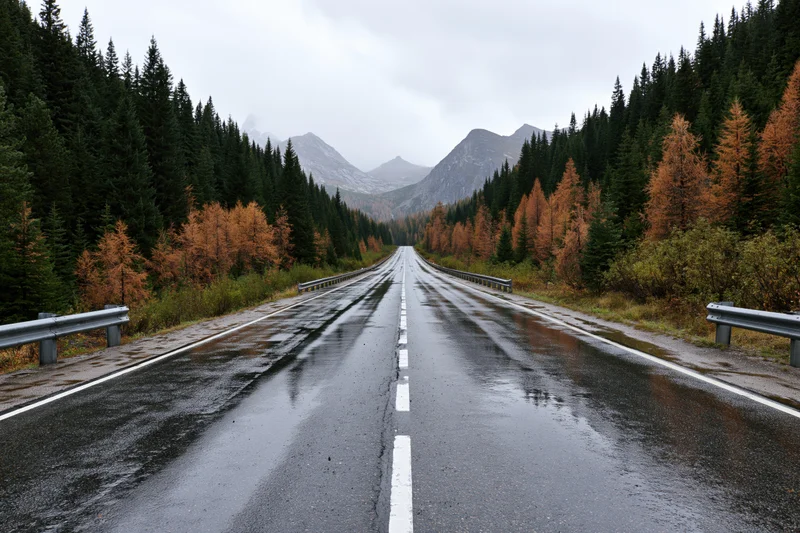 Wet two-lane mountain road stretching straight through autumn forest toward distant peaks