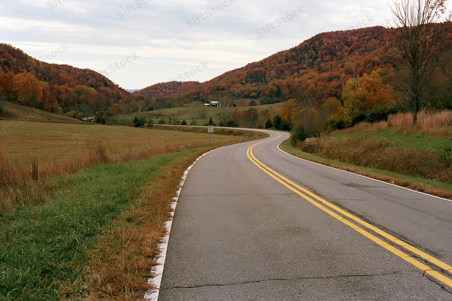 Winding rural highway with double yellow center line through autumn forested hills and fields