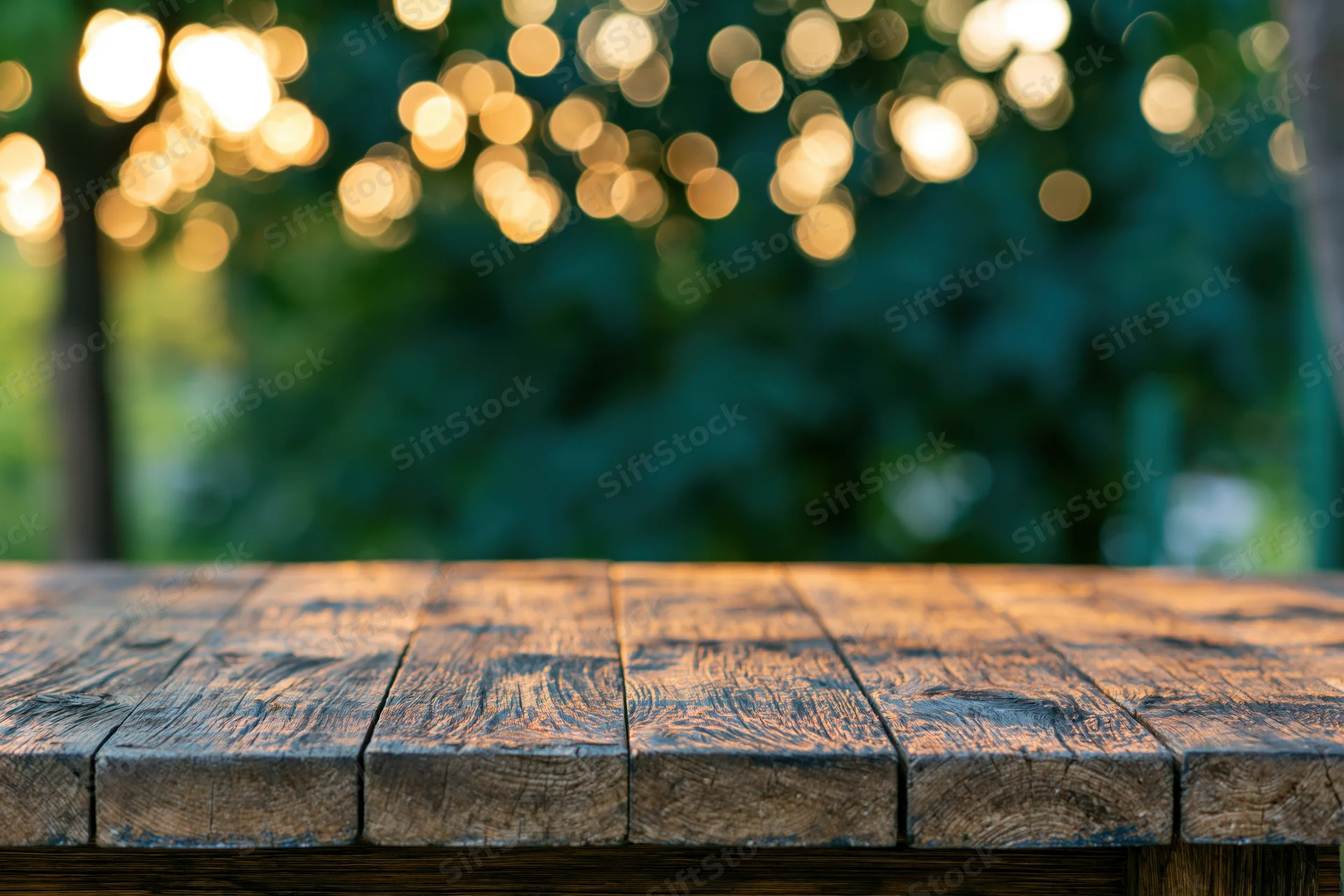 Weathered wooden table surface in a garden at dusk with bokeh lights in the background